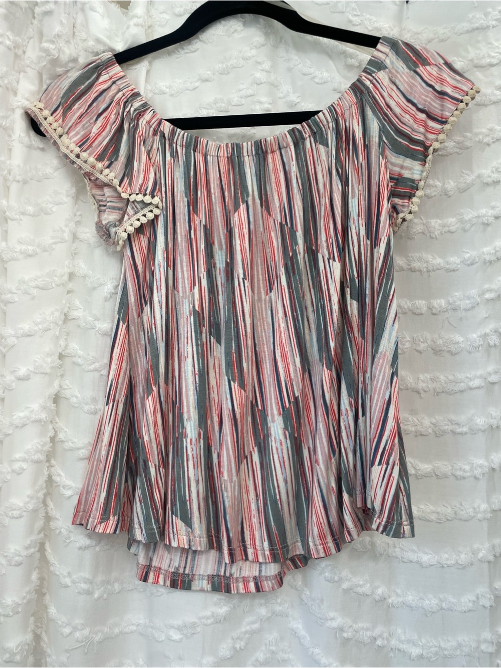Lush Pink & Gray Striped Off-Shoulder Tunic with Pom Trim